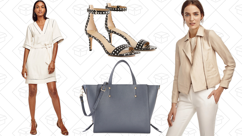 Etched Hem Kimono Dress, $60 | Kaelyn Gingham Leather Strappy Sandals, $45 | Signature Crossbody Tote, $38 | Linen Blend Moto Jacket, $65